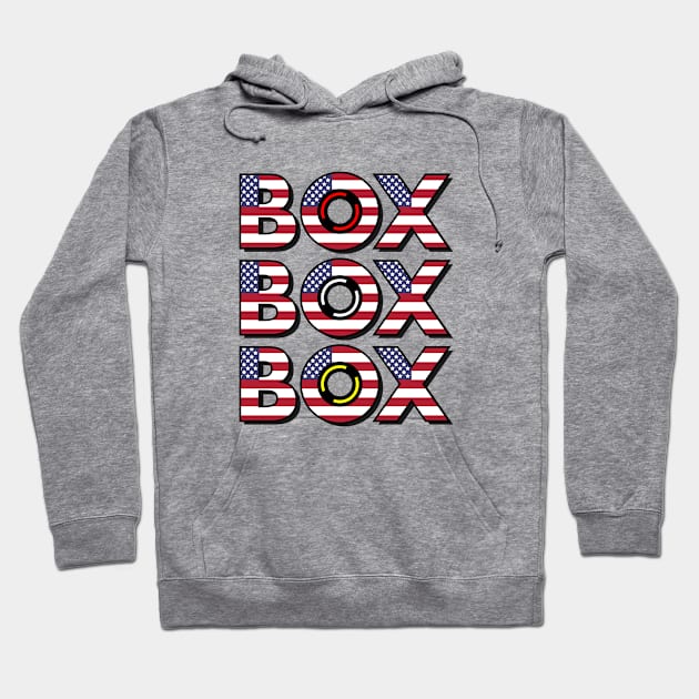 "Box Box Box" F1 Tyre Compound American Flag Design Hoodie by DavidSpeedDesign